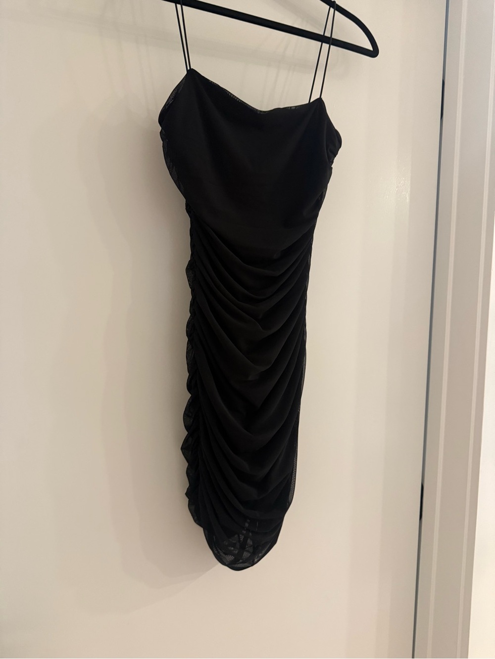 Oh Polly Black Ruched Midi Slip Dress with Spaghetti Straps